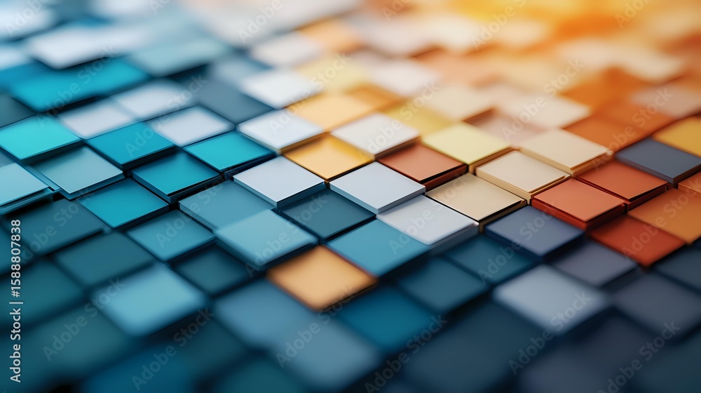 Poster geometric pattern of gradient colored squares transitioning from deep teal blue to warm orange and b