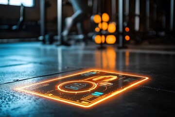 Futuristic Fitness Interface Display on Gym Floor with Workout Equipment