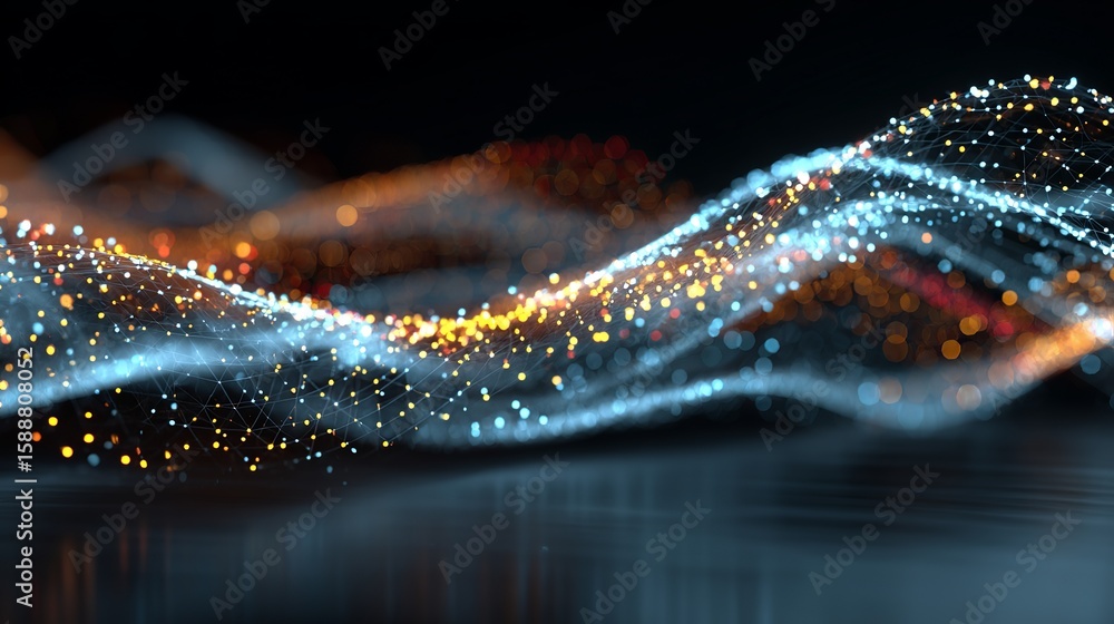 Poster abstract network of interconnected dots and lines, flowing waves of blue and orange light on dark su