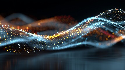 Abstract network of interconnected dots and lines, flowing waves of blue and orange light on dark surface.