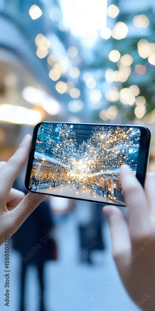 Poster hands holding smartphone capturing magical holiday lights and bokeh effect, creating enchanting fest