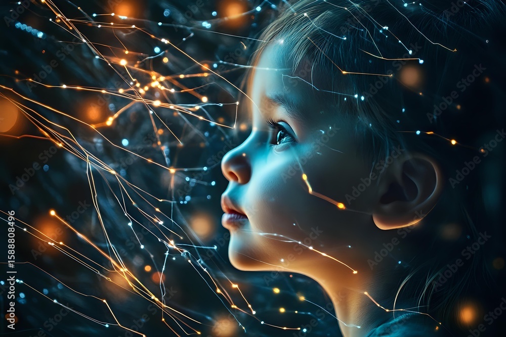 Aufkleber profile view of face illuminated by glowing blue light amid abstract network of orange light trails 