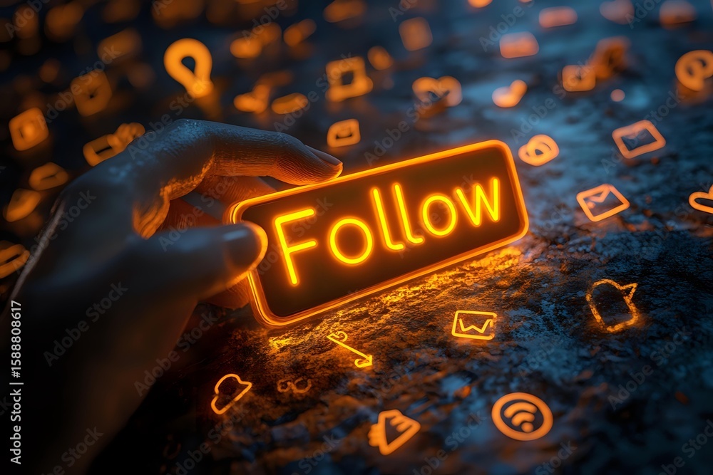 Poster glowing neon follow button with hand reaching out surrounded by floating social media icons on dark 