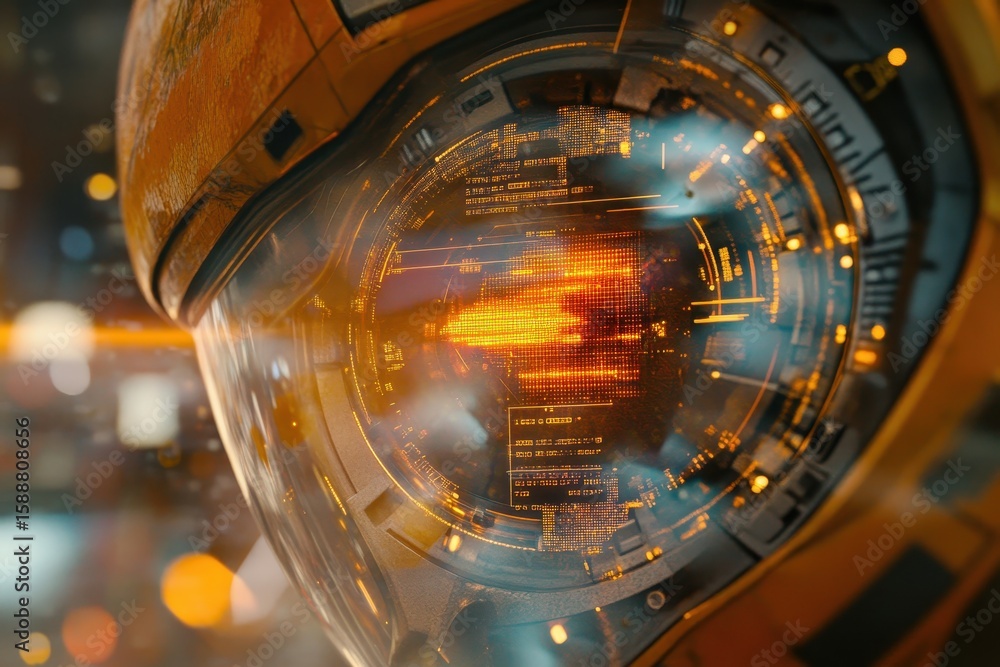 Poster futuristic helmet with digital interface and high-tech elements