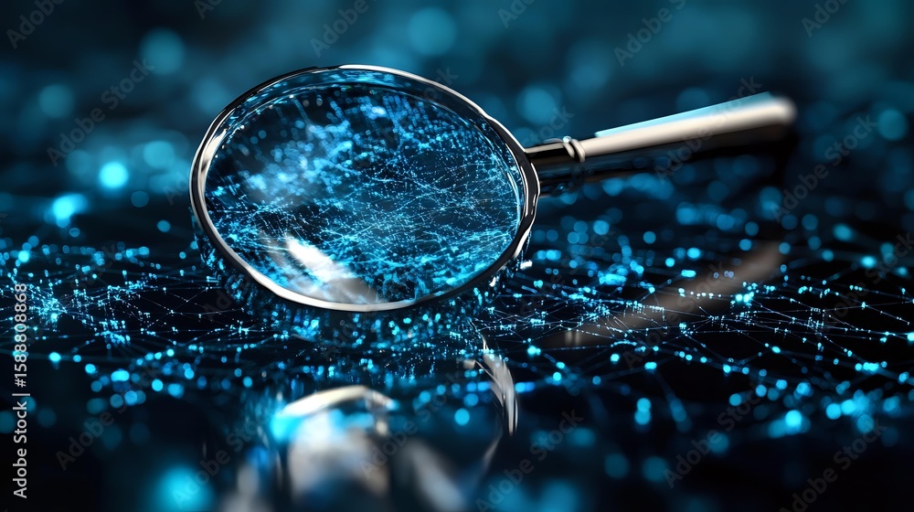 Poster magnifying glass on dark surface with scattered blue glowing particles creating mysterious atmospher