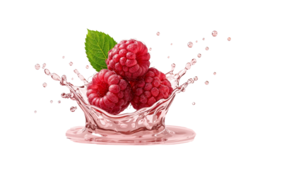 Crimson raspberries crowned with a refreshing wave of liquid, creating a captivating composition