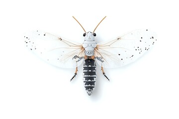 White and gray moth with transparent wings and delicate antennae on clean white background, isolated specimen suitable for nature illustrations and scientific designs.