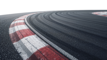 Abstract close-up of a curving racetrack with red and white kerbs, conveying speed and precision,