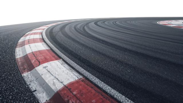 Abstract close-up of a curving racetrack with red and white kerbs, conveying speed and precision,