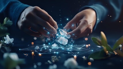Hands interacting with glowing digital network visualization surrounded by floating particles and natural elements in mystical dark atmosphere.