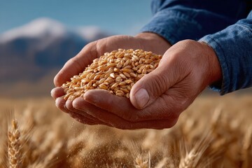 Extreme Macro Shot of Golden Wheat Grains in Hands Against Landscape