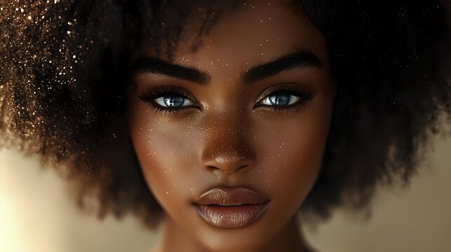 Young African American woman with natural afro hair and striking blue eyes gazing directly at camera against soft beige background, showcasing natural beauty and confidence.