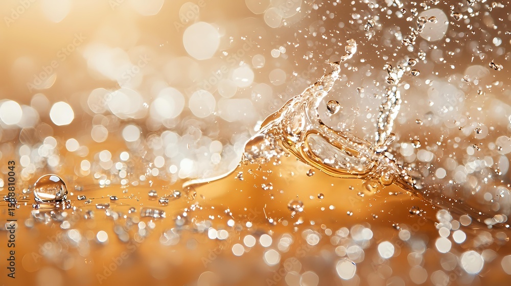 Poster splashing liquid with golden bokeh effect creates dynamic motion and scattered droplets against blur