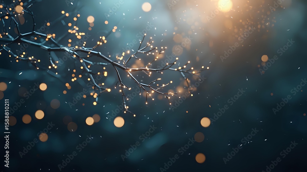 Poster glowing golden lights and delicate tree branches against dark teal background create magical atmosph
