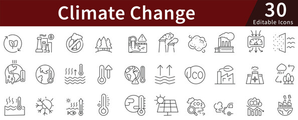 Climate Change Line Icons Set with Editable Stroke for Global Warming, Environment, Weather, and Sustainability