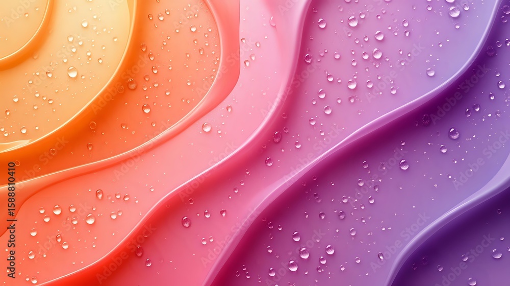 Poster colorful wavy gradient background with water drops, flowing from orange to pink and purple in smooth