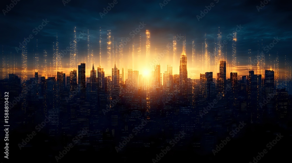 Poster futuristic cityscape silhouette with glowing binary code streams rising from skyscrapers against dra