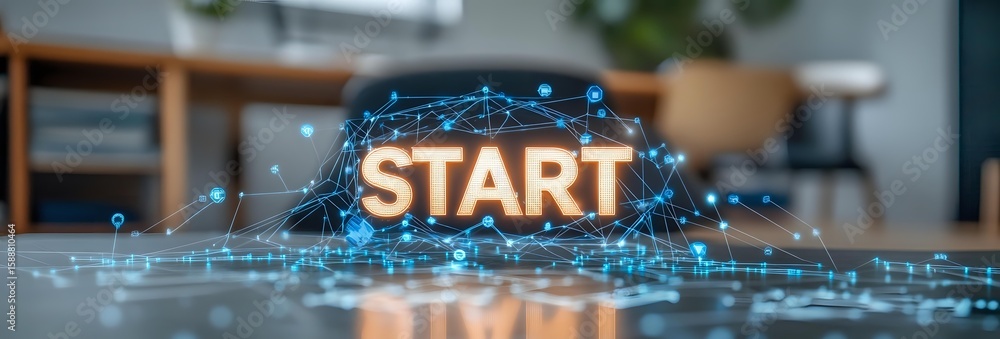 Poster glowing start text with futuristic network connections and dots floating in modern office space, pan