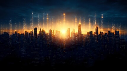 Futuristic cityscape silhouette with glowing binary code streams rising from skyscrapers against dramatic sunset sky, representing digital transformation and smart city concept.