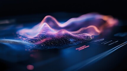 Glowing pink wave visualization on dark background with particle effects and digital terrain mapping creates futuristic data representation for business analytics.