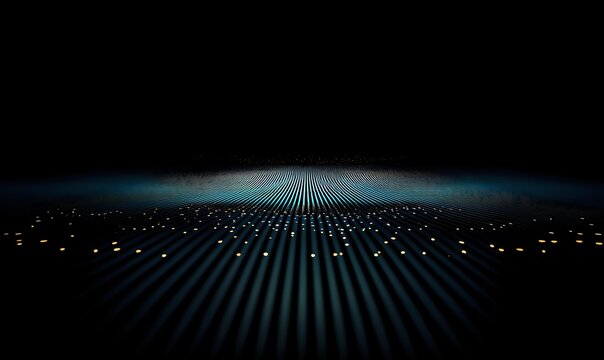 Abstract digital landscape with glowing dots arranged in parallel lines stretching to horizon against dark background, creating futuristic perspective with cyan glow.