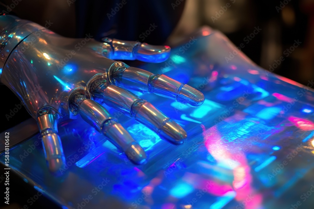 Poster futuristic robotic hand interacting with holographic interface display