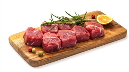 Fototapeta premium Fresh Raw Pork Tenderloin Cubes on Wooden Cutting Board.