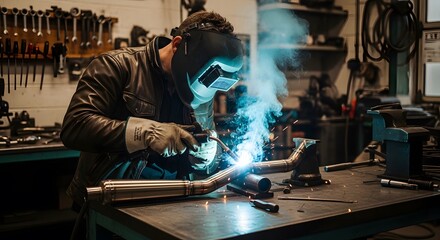 Welder in a workshop joining pipes, sparks and smoke flying from the welding gun, Welder wearing safety gear welding pipes on a metal workbench in his workshop