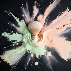Makeup Brush with Exploding Powder in Pastel Green and Pink for Beauty and Cosmetics Backgrounds
