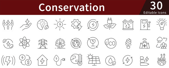 Conservation Line Icons Set with Editable Stroke for Environment, Wildlife, Nature Protection, and Sustainability
