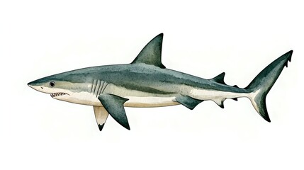 Naklejka premium Great white shark watercolor illustration on white background, showing detailed anatomy and natural coloring. Marine predator in side view, isolated for nature publications.