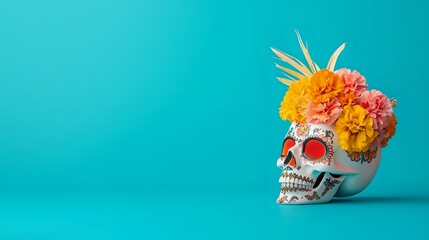 Decorative skull with bright marigold flowers and tropical leaves crown against turquoise background, celebrating Day of Dead Mexican tradition and culture.