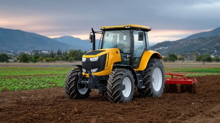 Fototapeta premium Dramatic Low-Angle Shot of Large Tractor Plowing a Fertile Field