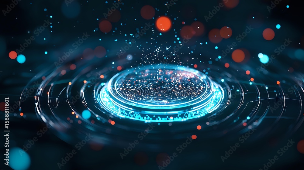 Poster futuristic glowing portal with blue neon light rings and particles floating in dark space. abstract 