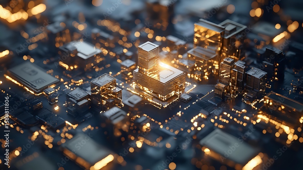 Poster glowing microchip circuit board with orange light effects, close up view of electronic components an