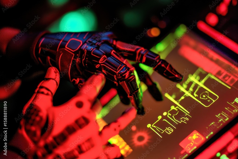 Aufkleber futuristic robotic hand interacting with digital interface display