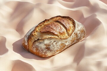 A crusty loaf of sourdough bread, golden brown and rustic, rests on a soft pink fabric.