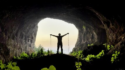 Curious traveler, adventurous spirit and excitement of discovery in the cave