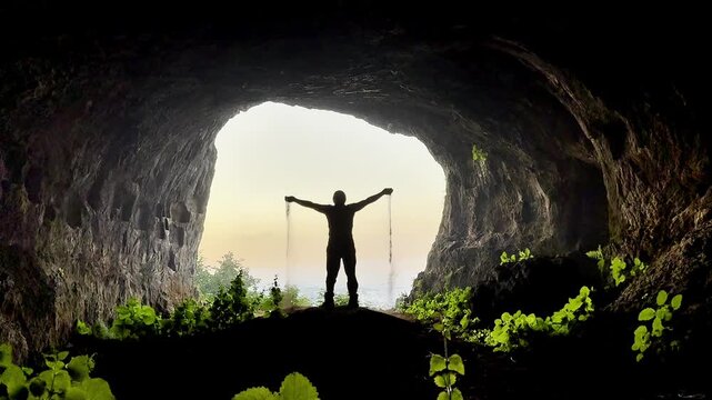 Curious traveler, adventurous spirit and excitement of discovery in the cave