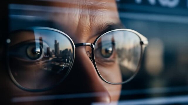 Reflective Eyeglasses Show Cityscape as Person Observes Urban Environment