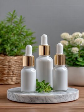 Elegant Minimalist Shot of Three Cosmetic Bottles on Display