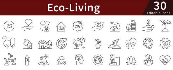 Eco-Living Line Icons Set with Editable Stroke for Green Lifestyle, Sustainability, Environment, and Renewable Energy