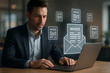 Businessman managing digital invoices on laptop, online billing and electronic document management for modern business finance