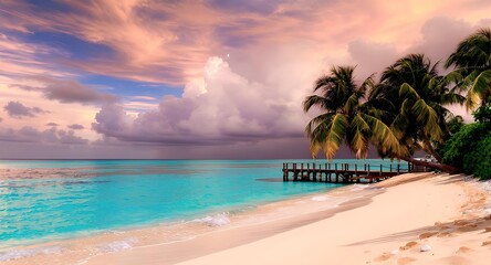 Tropical paradise beach sunset with stunning turquoise ocean, white sand, and palm trees