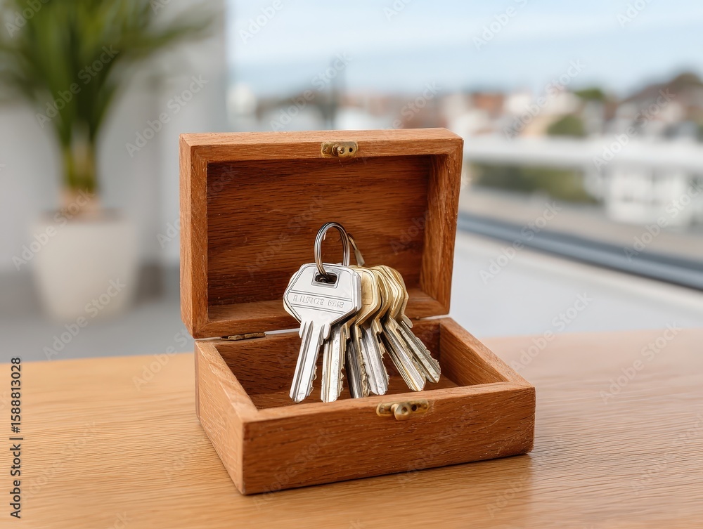 Poster set of generic house keys resting securely inside wooden box