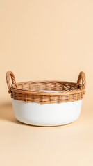 Fototapeta premium Woven basket with white base and natural wicker handles, perfect for storage or decoration, adding cozy touch to any space