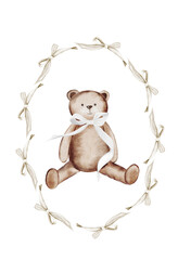 Teddy bear watercolor. Hand drawn cartoon animal illustration on white background. Retro card in ribbon frame. Perfect for baby shower and birthday cards