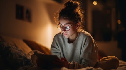 Nighttime Tablet Use: A young woman sits in bed at night, illuminated by the glow of her tablet. Her expression is one of concentration.