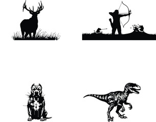 Vector art of a deer, an archer hunting, a pitbull dog, and a velociraptor