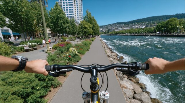 POV Bicycle Shot from Handlebars Looking Down at Path and River